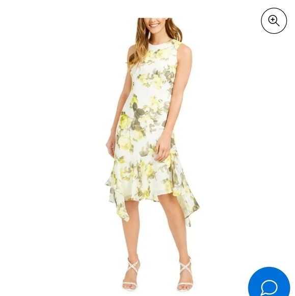 NWT Calvin Klein Yellow & Green Floral Dress Asymmetrical Hem Size 10 - Picture 1 of 13